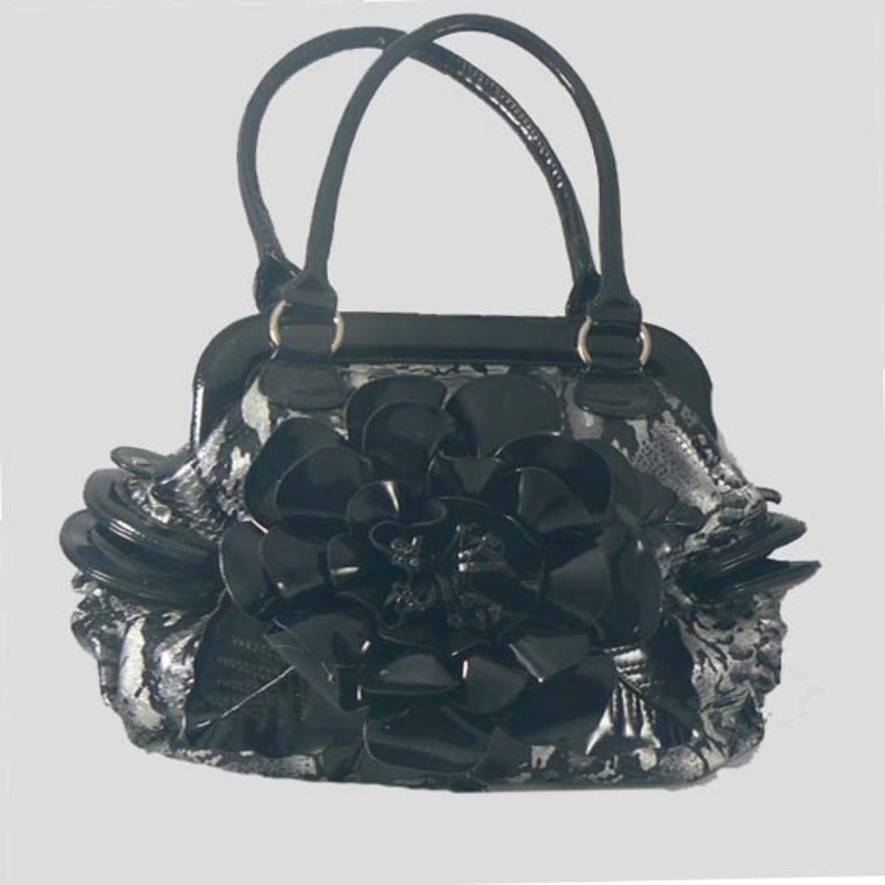 Large Silver Animal PrintFaux Handbag With Large Flower